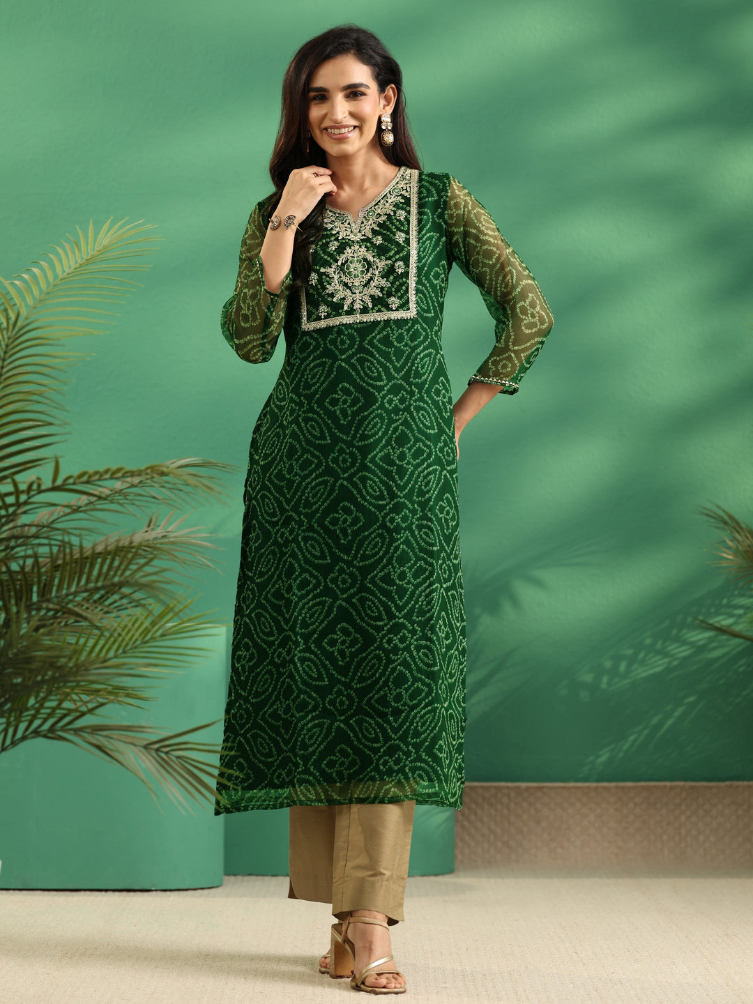  Libas Moss Green Bandhani Printed Chiffon Straight Kurta 