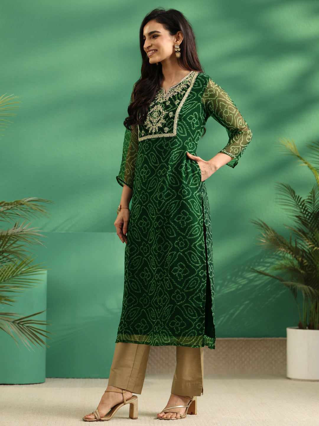  Libas Moss Green Bandhani Printed Chiffon Straight Kurta 