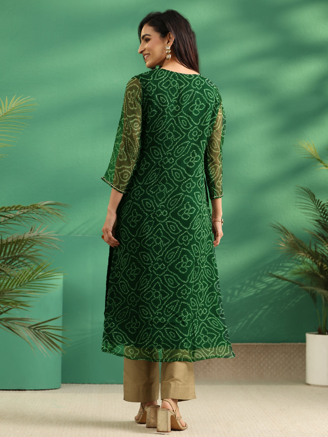  Libas Moss Green Bandhani Printed Chiffon Straight Kurta 