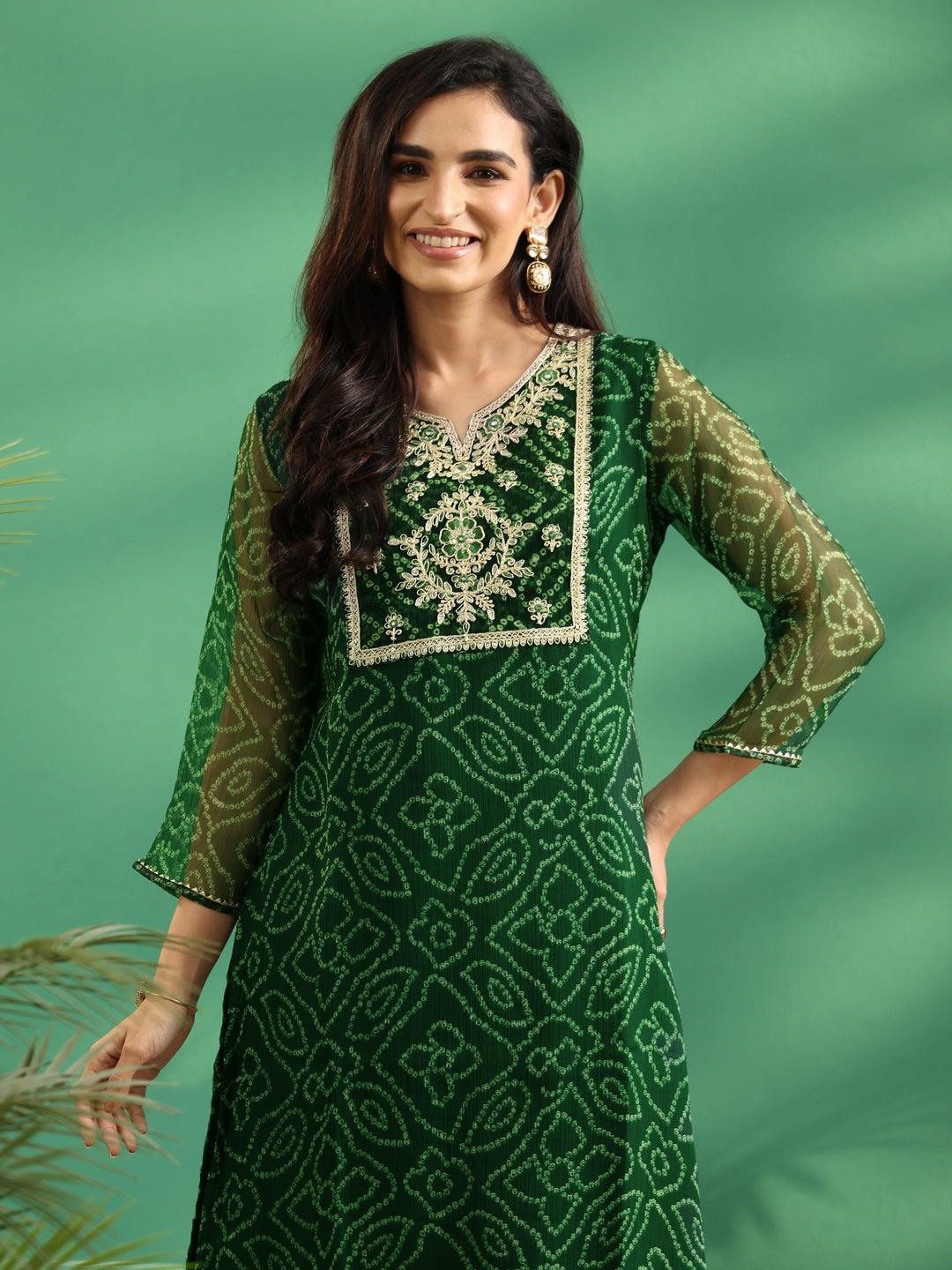  Libas Moss Green Bandhani Printed Chiffon Straight Kurta 