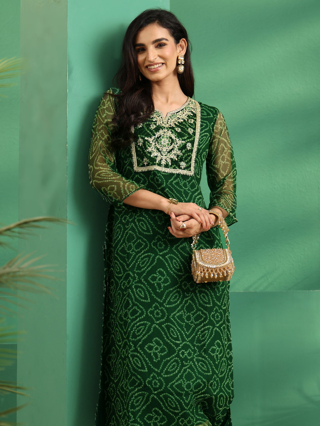  Libas Moss Green Bandhani Printed Chiffon Straight Kurta 