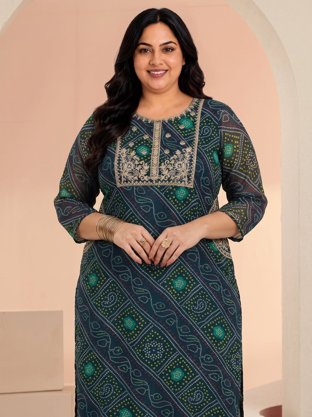  Plus Size Teal Blue Bandhani Printed Chiffon Straight Kurta 