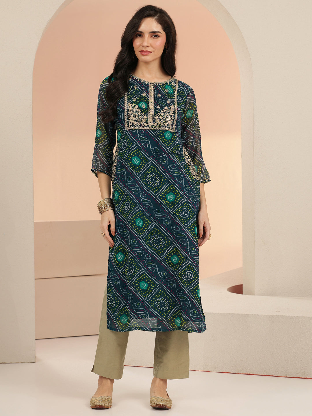 Libas Teal Blue Bandhani Printed Chiffon Straight Kurta 