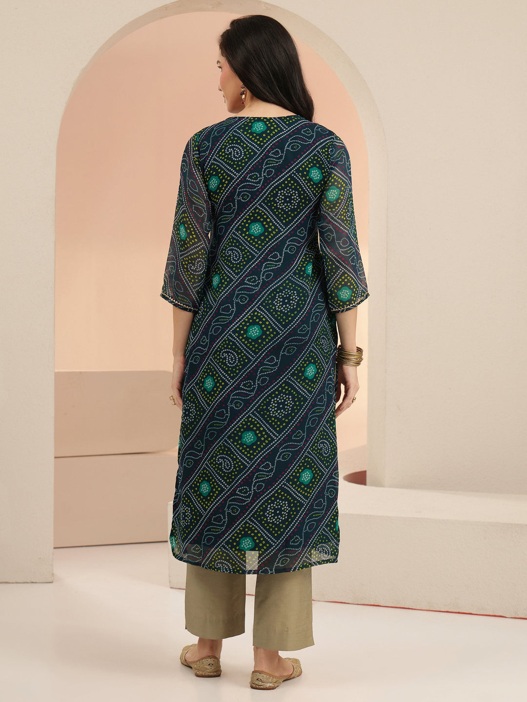  Libas Teal Blue Bandhani Printed Chiffon Straight Kurta 