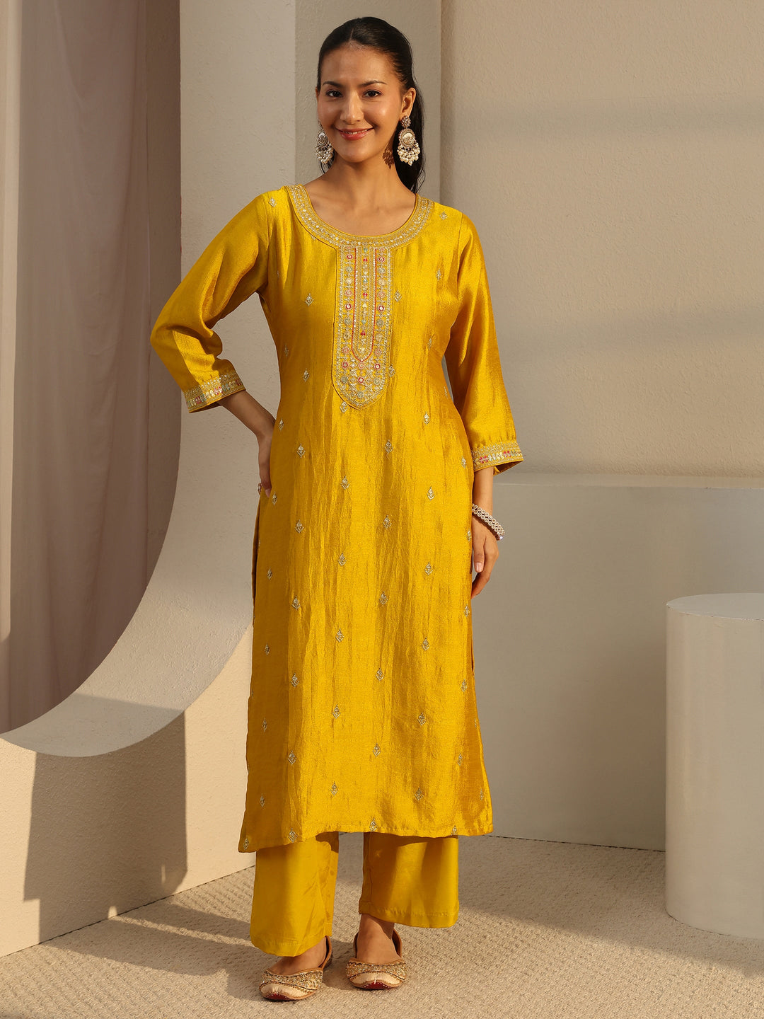  Mustard Ethnic Motif Zari Embroidered Straight Kurta With Lining 