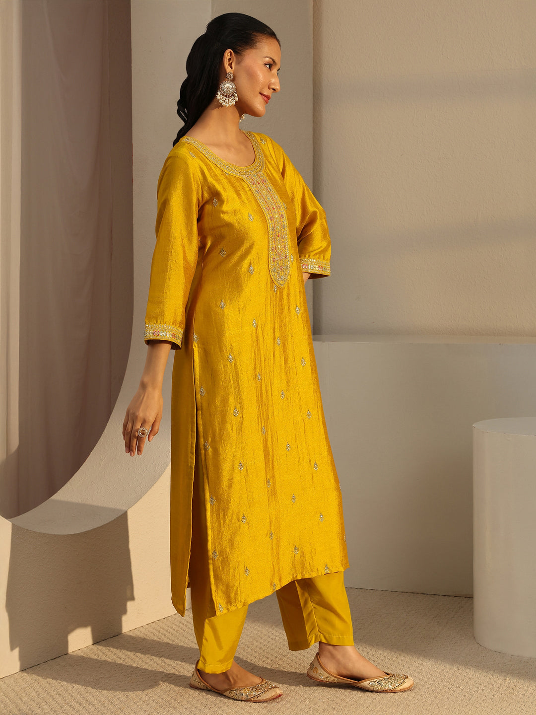  Mustard Ethnic Motif Zari Embroidered Straight Kurta With Lining 