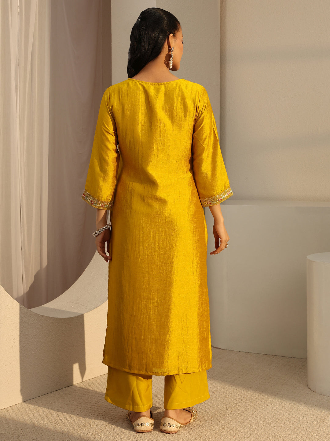  Mustard Ethnic Motif Zari Embroidered Straight Kurta With Lining 