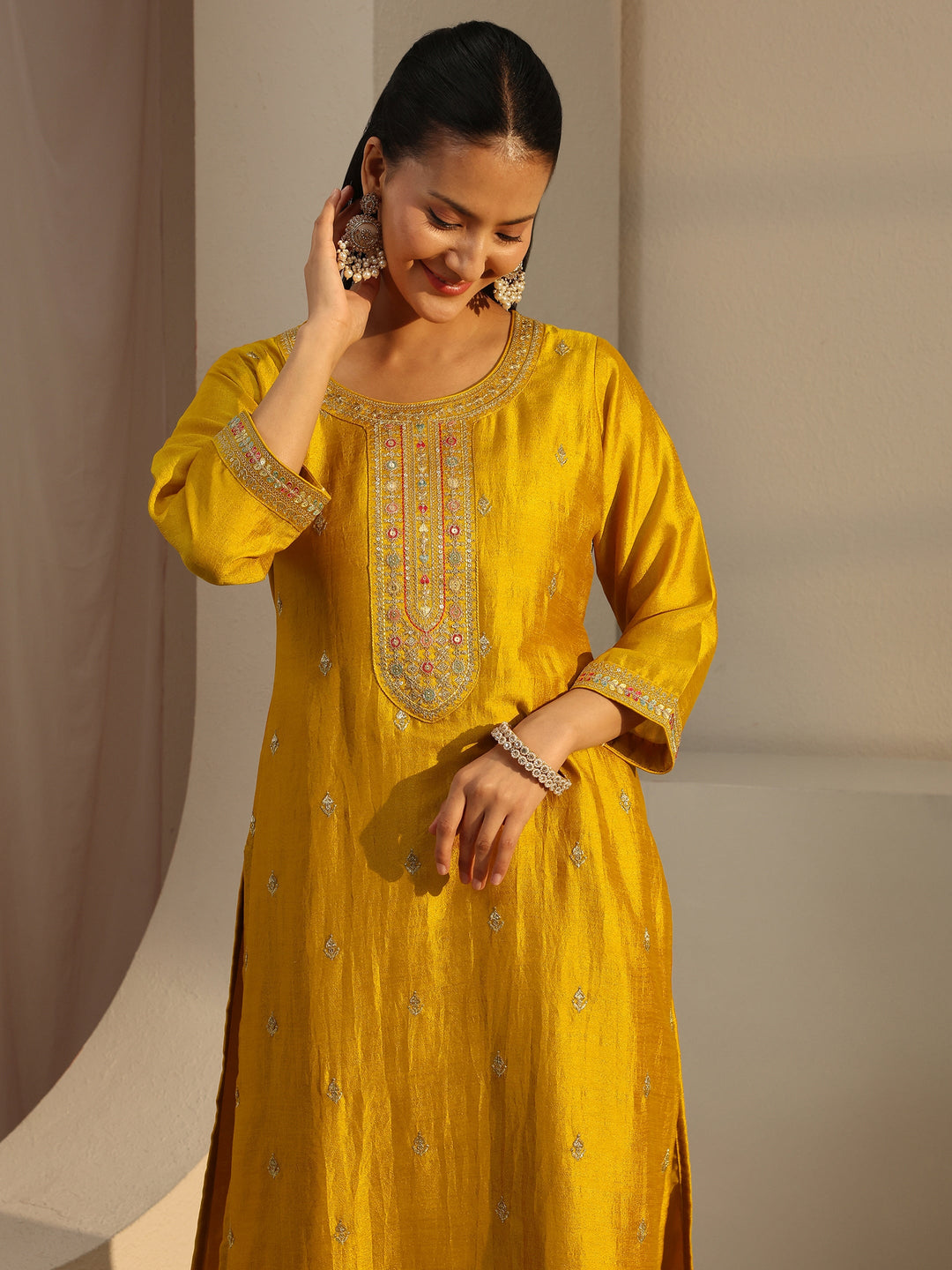  Mustard Ethnic Motif Zari Embroidered Straight Kurta With Lining 