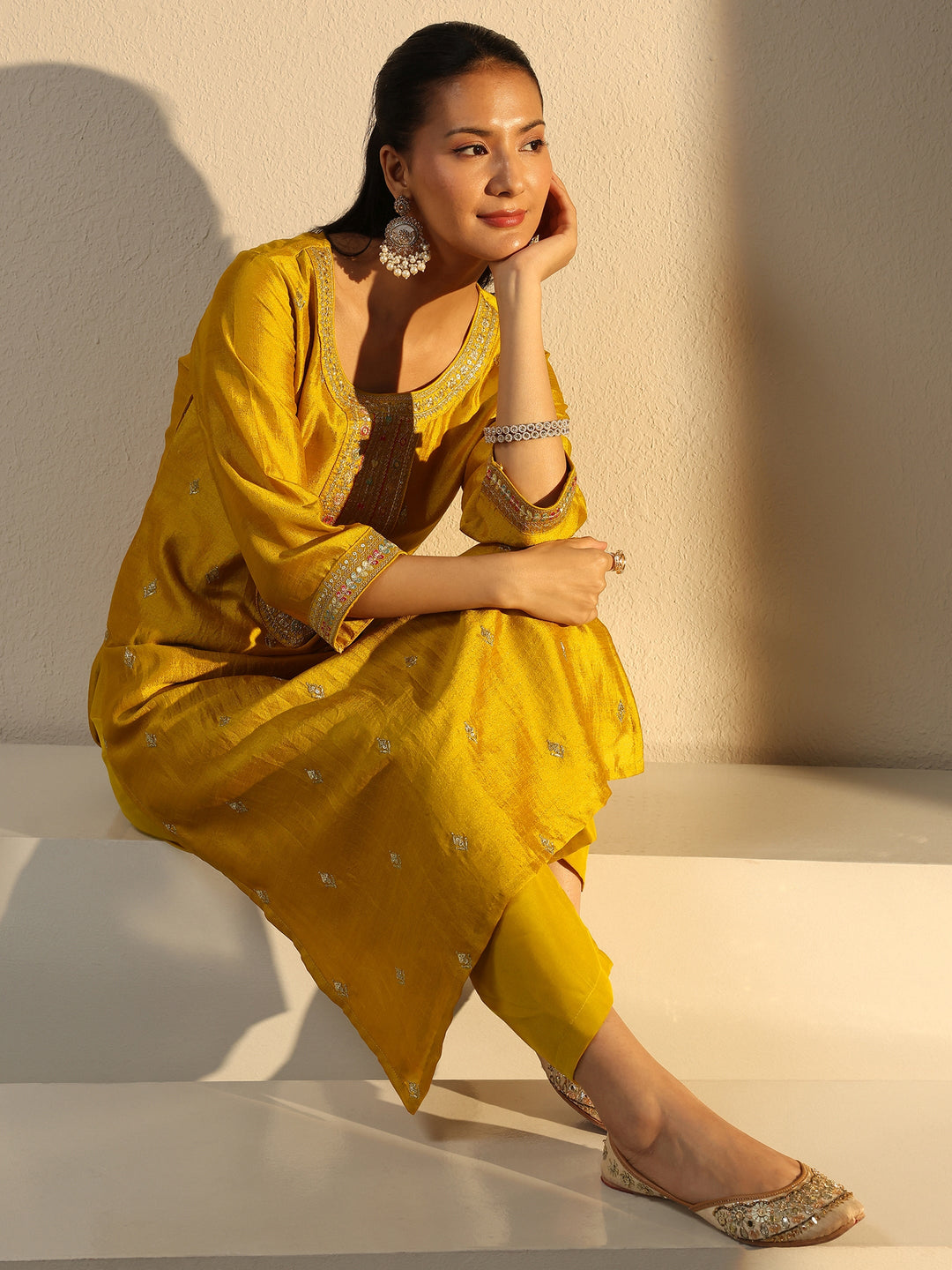  Mustard Ethnic Motif Zari Embroidered Straight Kurta With Lining 