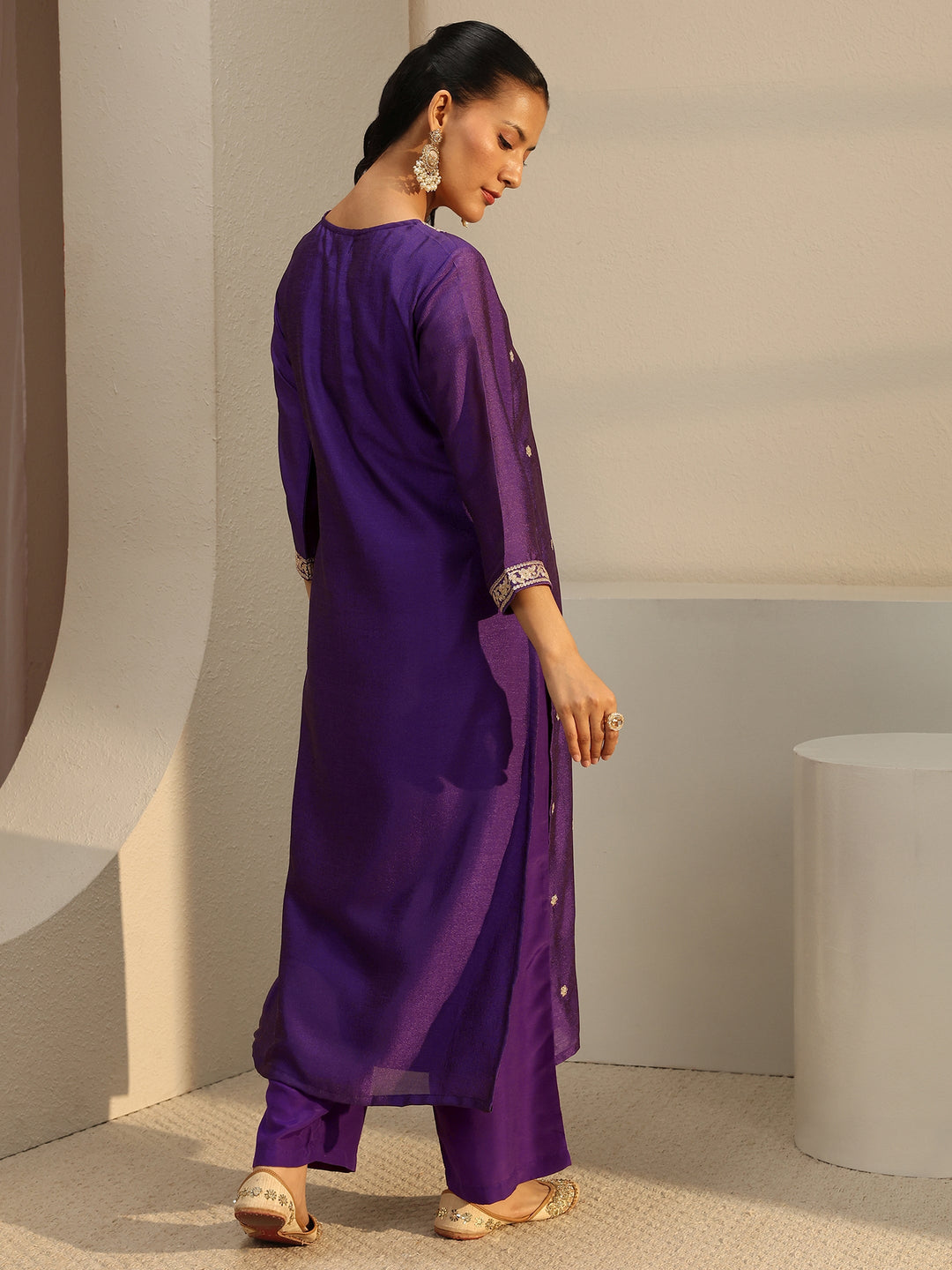  Purple Ethnic Motif Zari Embroidered Straight Kurta With Lining 