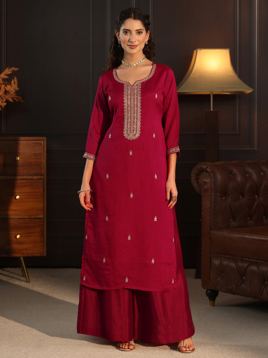  Libas Ruby Red Yoke Embroidered Silk Blend Straight Kurta 