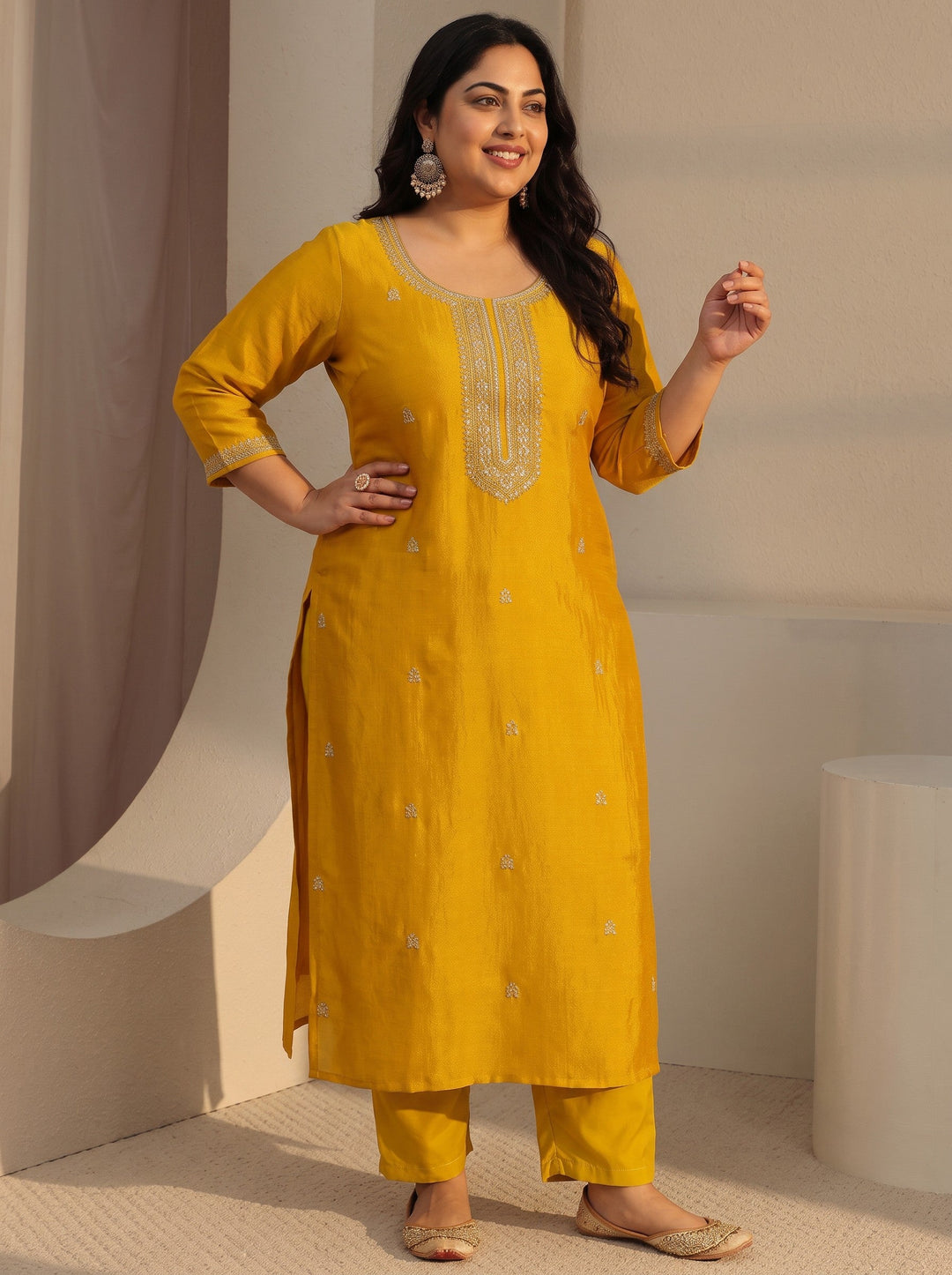  Plus Size Mustard Ethnic Embroidered Silk Blend Straight Kurta 