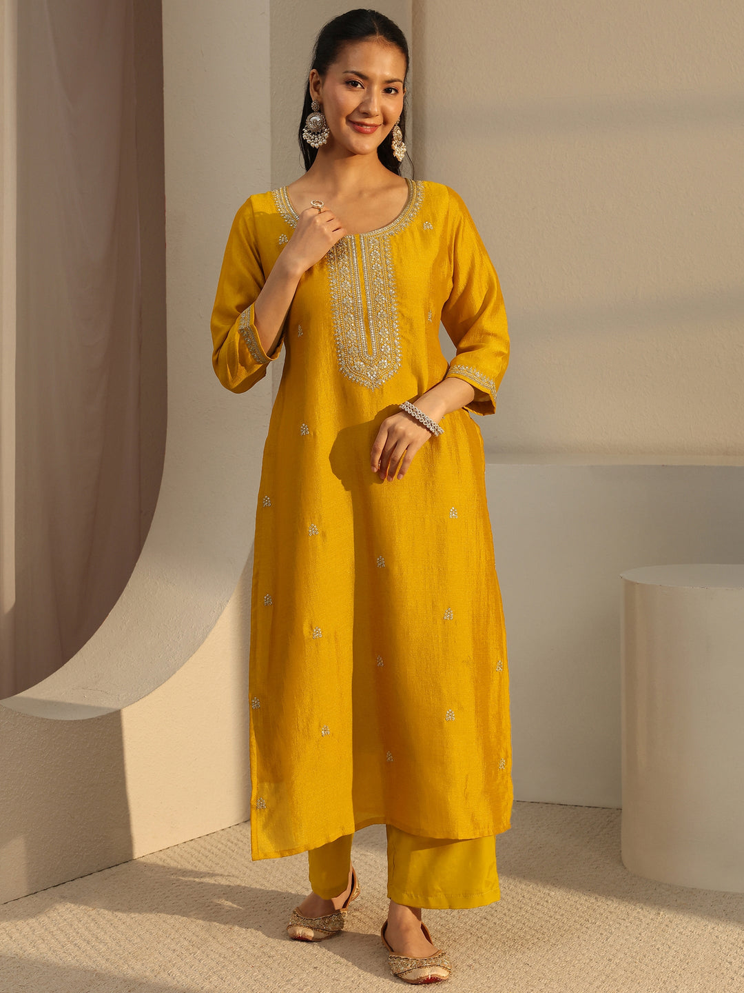  Mustard Ethnic Motif Zari Embroidered Straight Kurta With Lining 