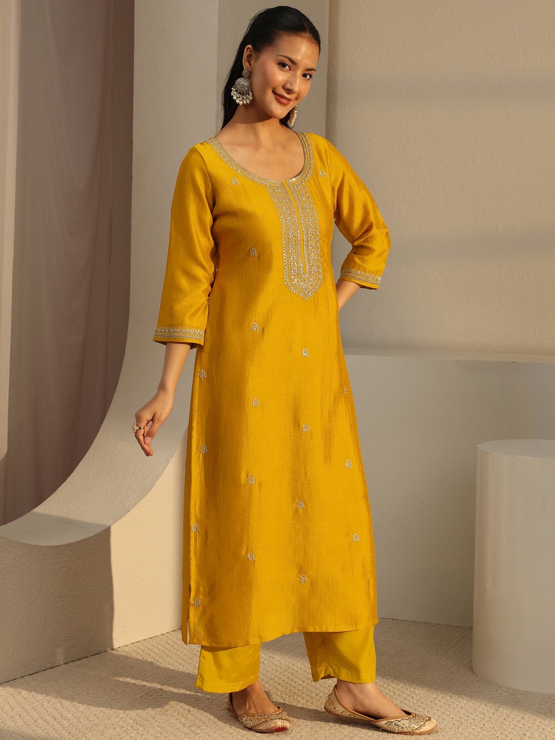  Mustard Ethnic Motif Zari Embroidered Straight Kurta With Lining 