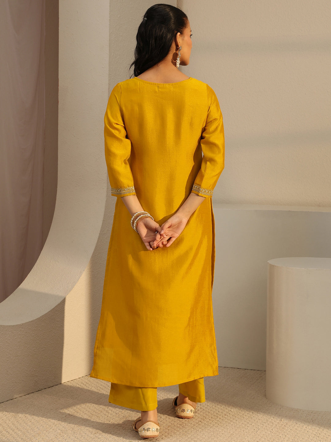  Mustard Ethnic Motif Zari Embroidered Straight Kurta With Lining 