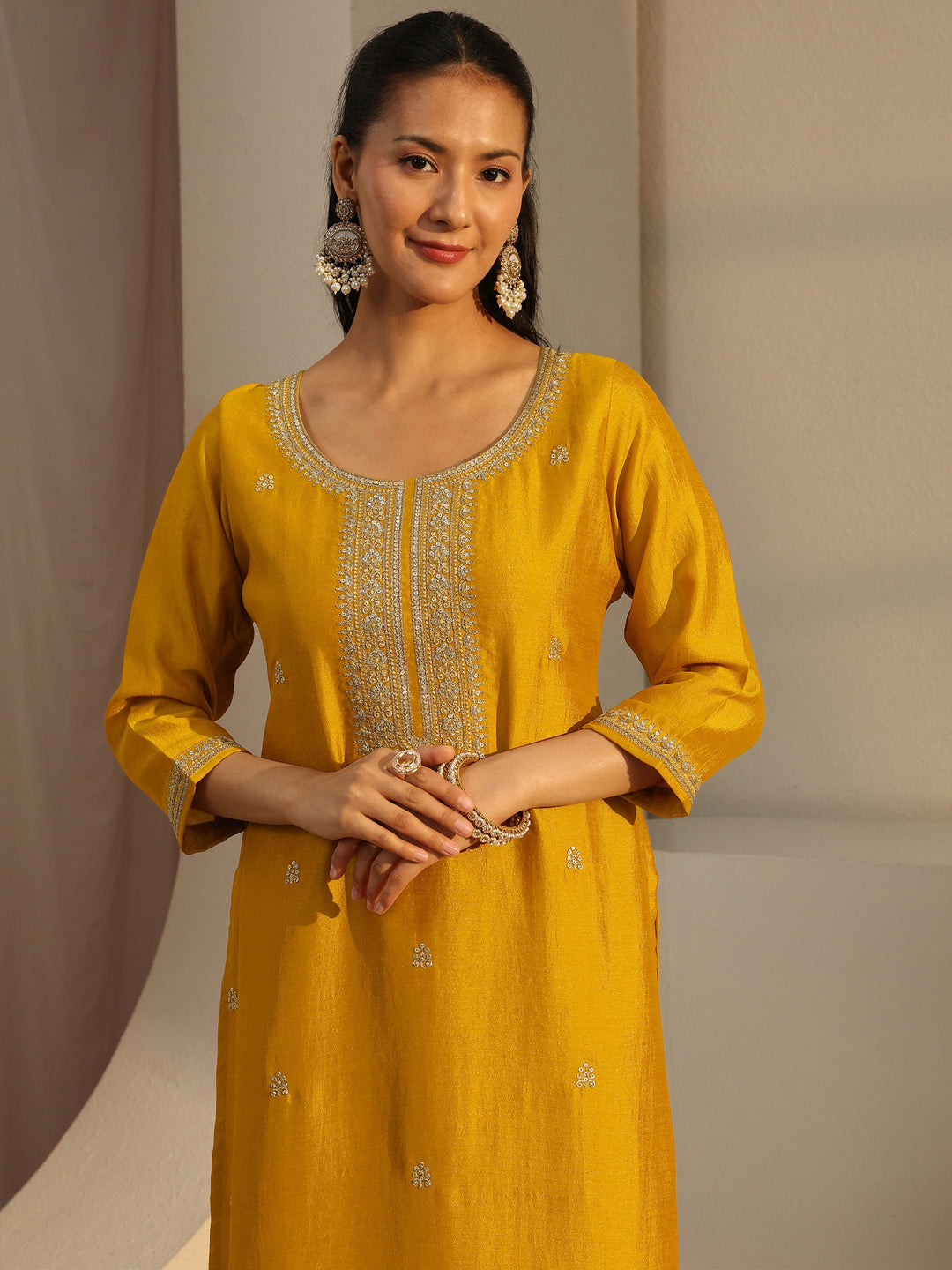  Mustard Ethnic Motif Zari Embroidered Straight Kurta With Lining 
