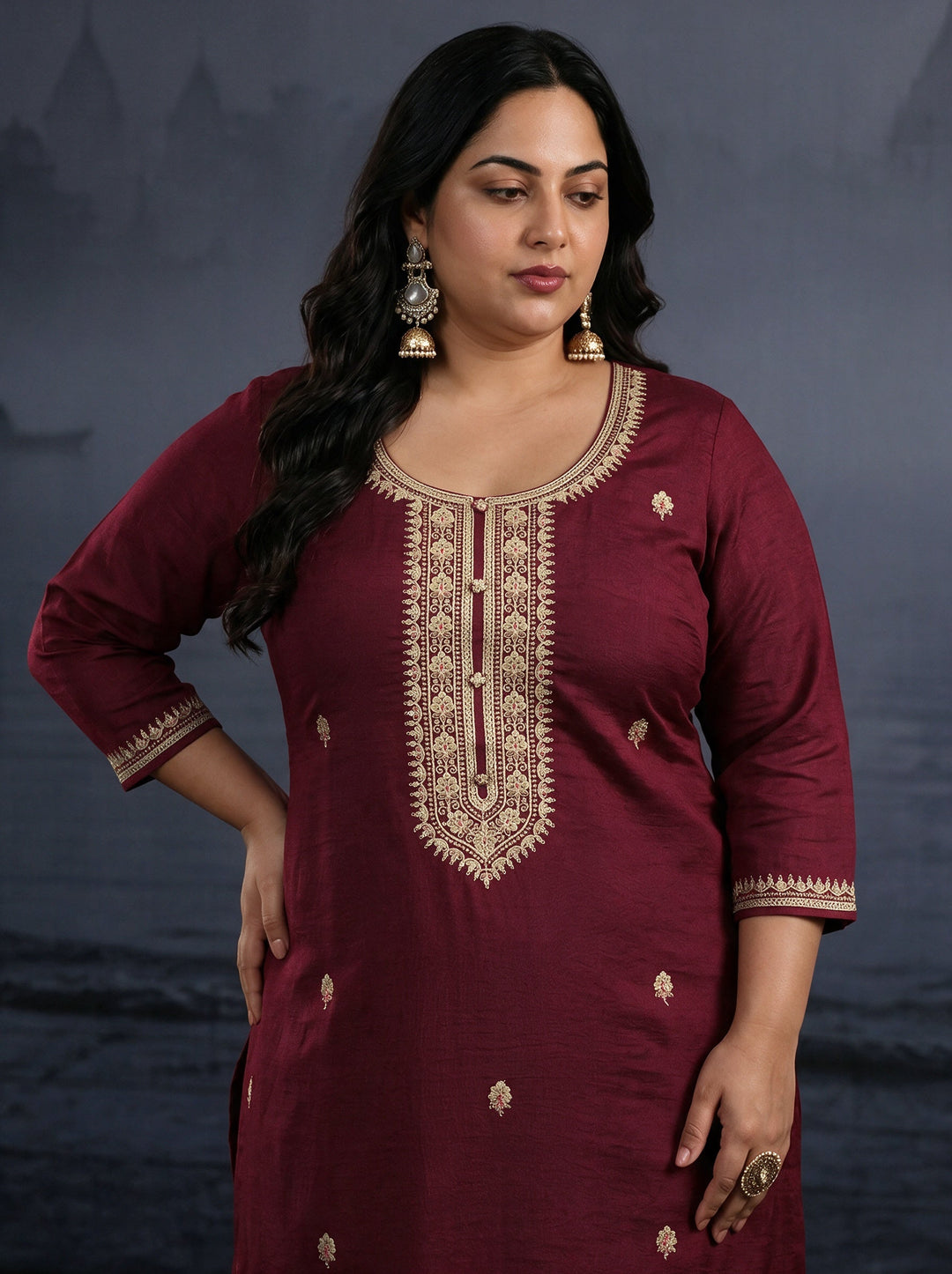  Plus Size Maroon Yoke Embroidered Silk Blend Straight Kurta 