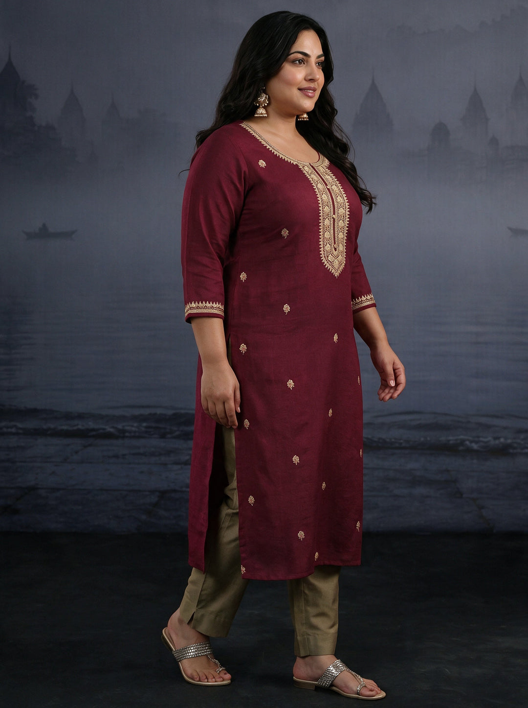  Plus Size Maroon Yoke Embroidered Silk Blend Straight Kurta 