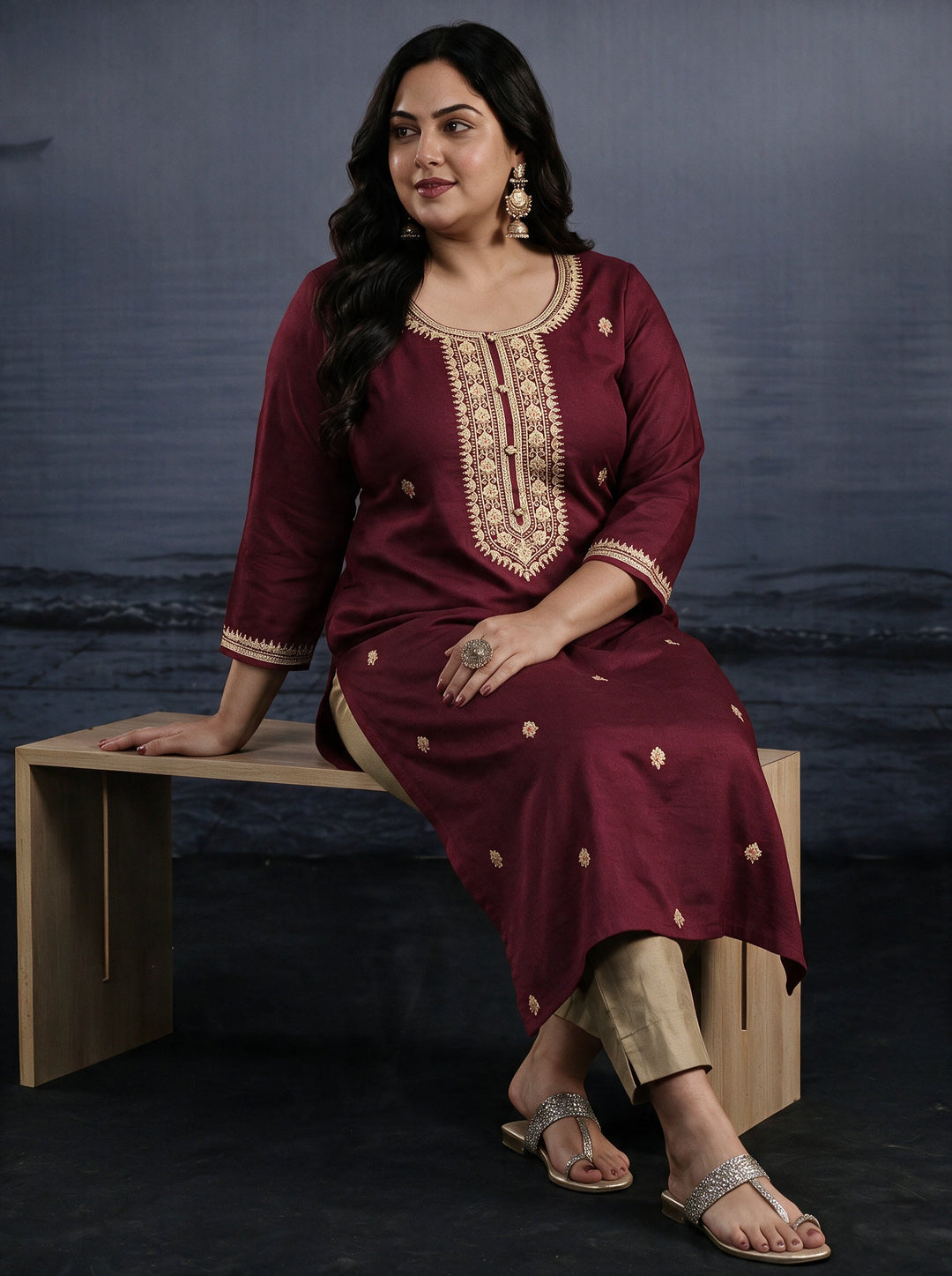  Plus Size Maroon Yoke Embroidered Silk Blend Straight Kurta 