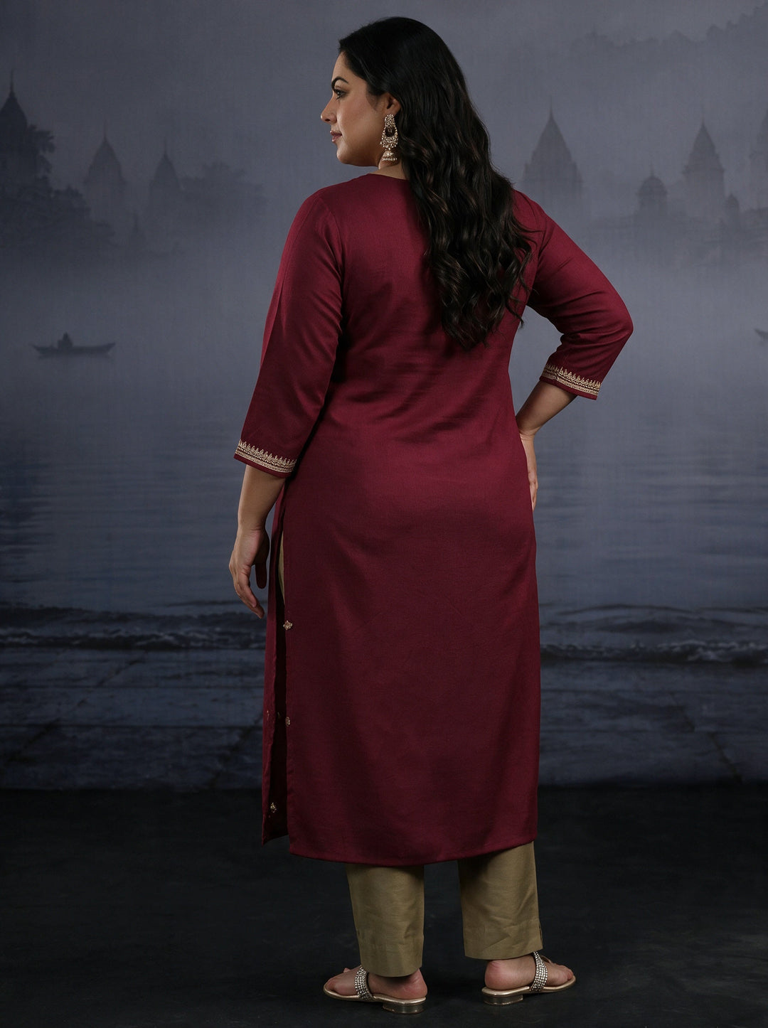  Plus Size Maroon Yoke Embroidered Silk Blend Straight Kurta 