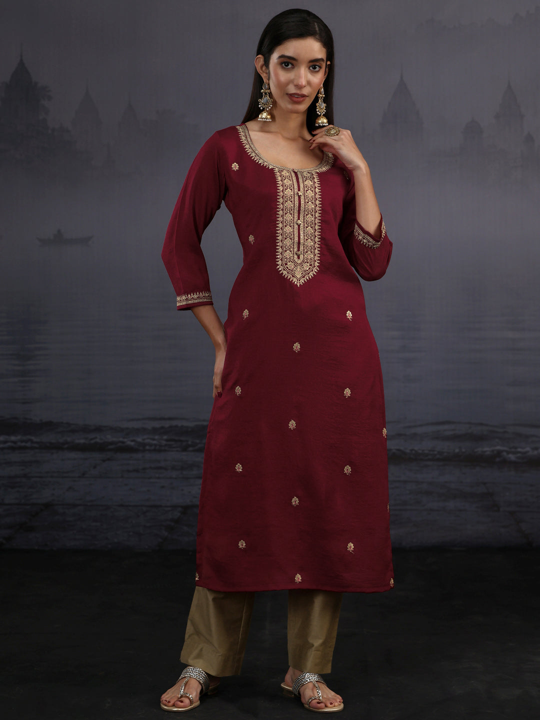  Libas Maroon Yoke Embroidered Silk Blend Straight Kurta 