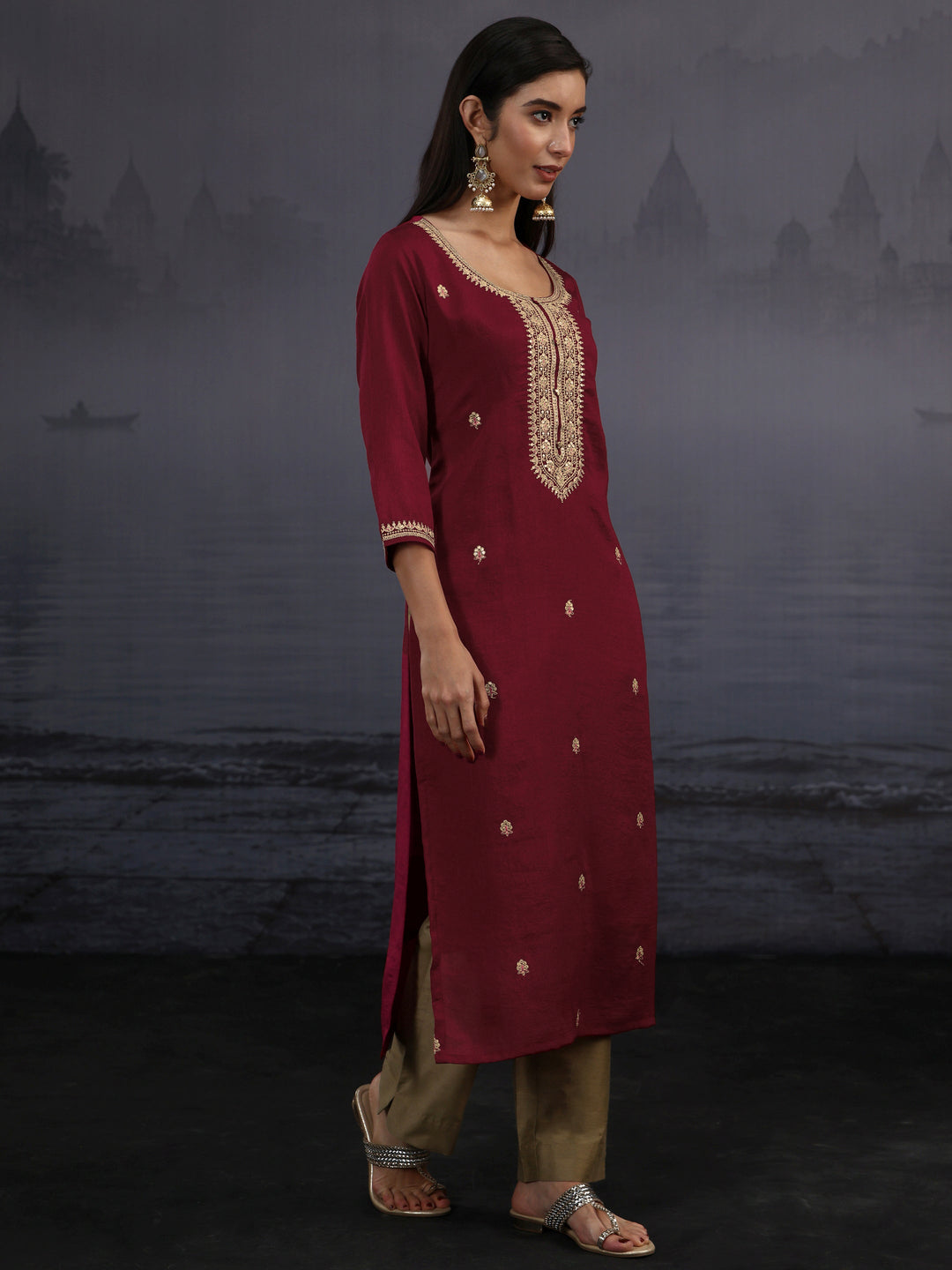  Libas Maroon Yoke Embroidered Silk Blend Straight Kurta 