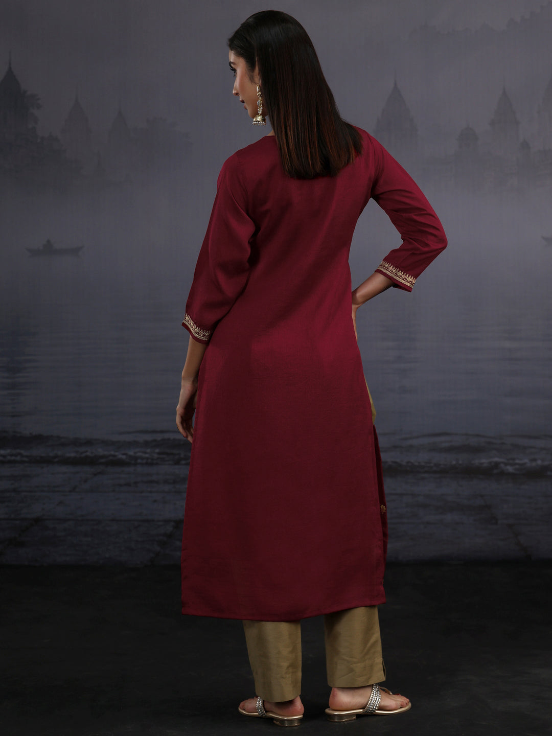  Libas Maroon Yoke Embroidered Silk Blend Straight Kurta 