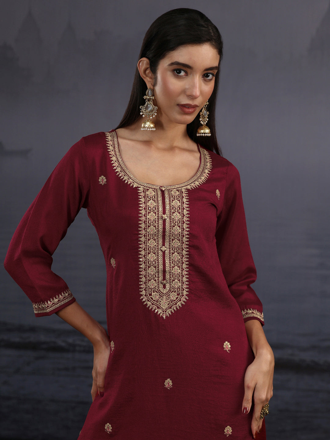  Libas Maroon Yoke Embroidered Silk Blend Straight Kurta 