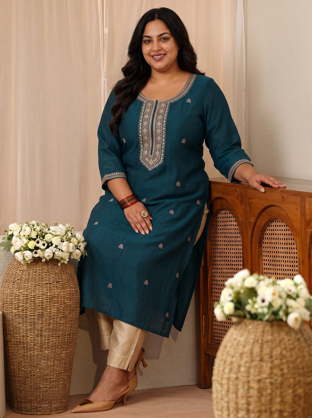  Plus Size Teal Green Embroidered Silk Blend Straight Kurta 