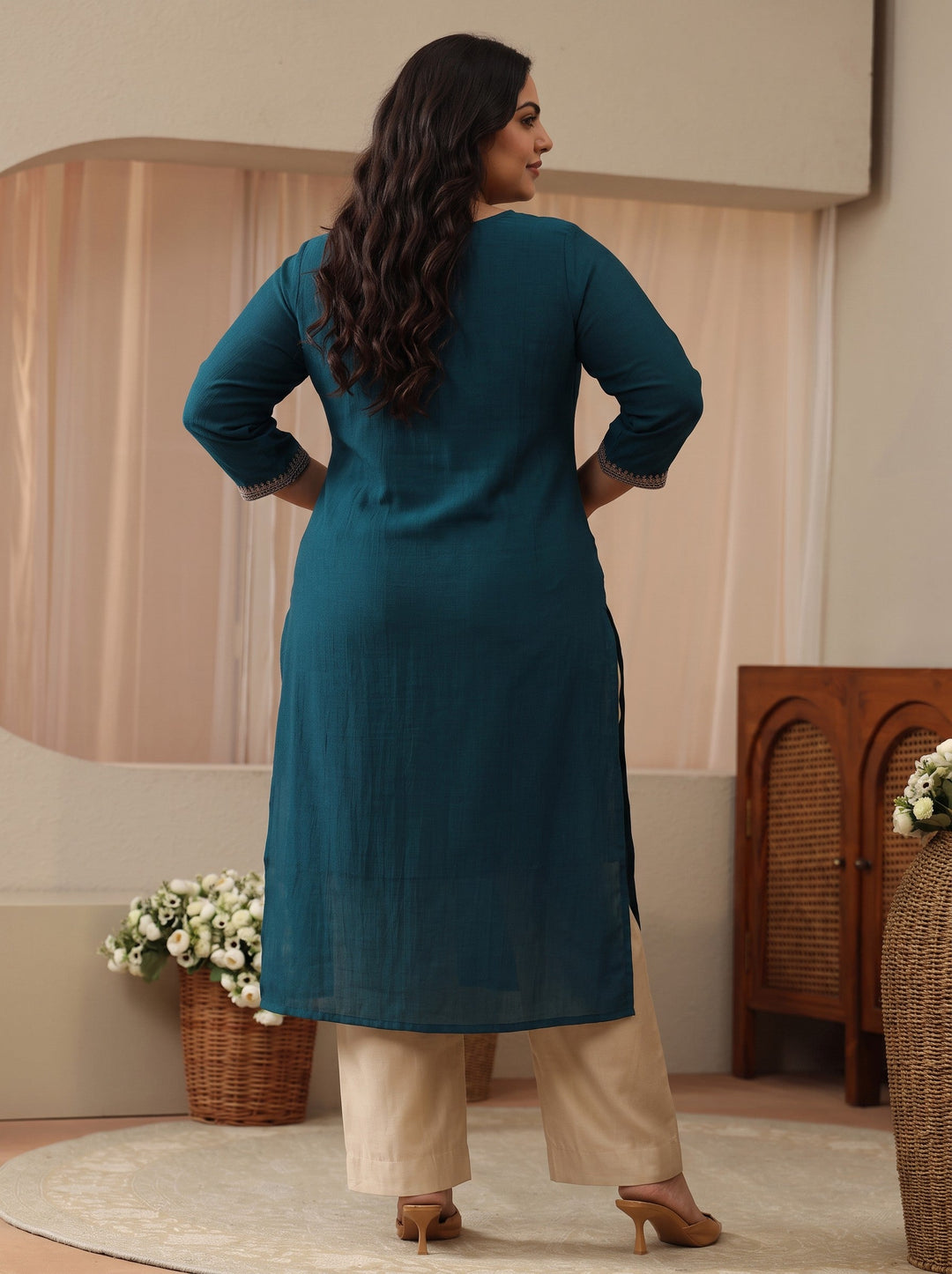  Plus Size Teal Green Embroidered Silk Blend Straight Kurta 