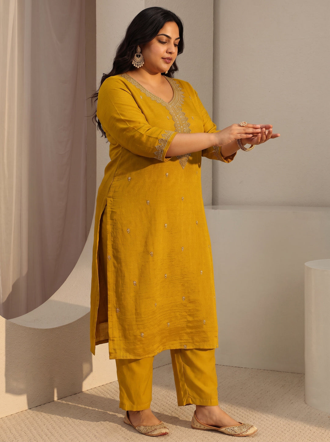  Plus Size Mustard Ethnic Embroidered Silk Blend Straight Kurta 