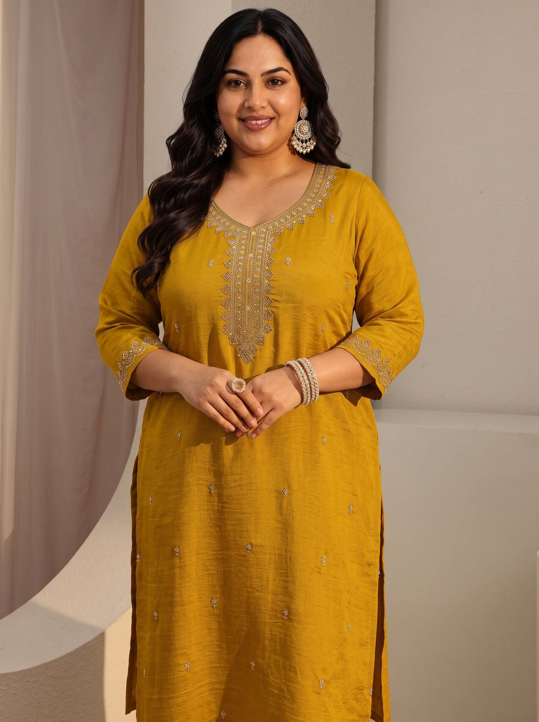  Plus Size Mustard Ethnic Embroidered Silk Blend Straight Kurta 