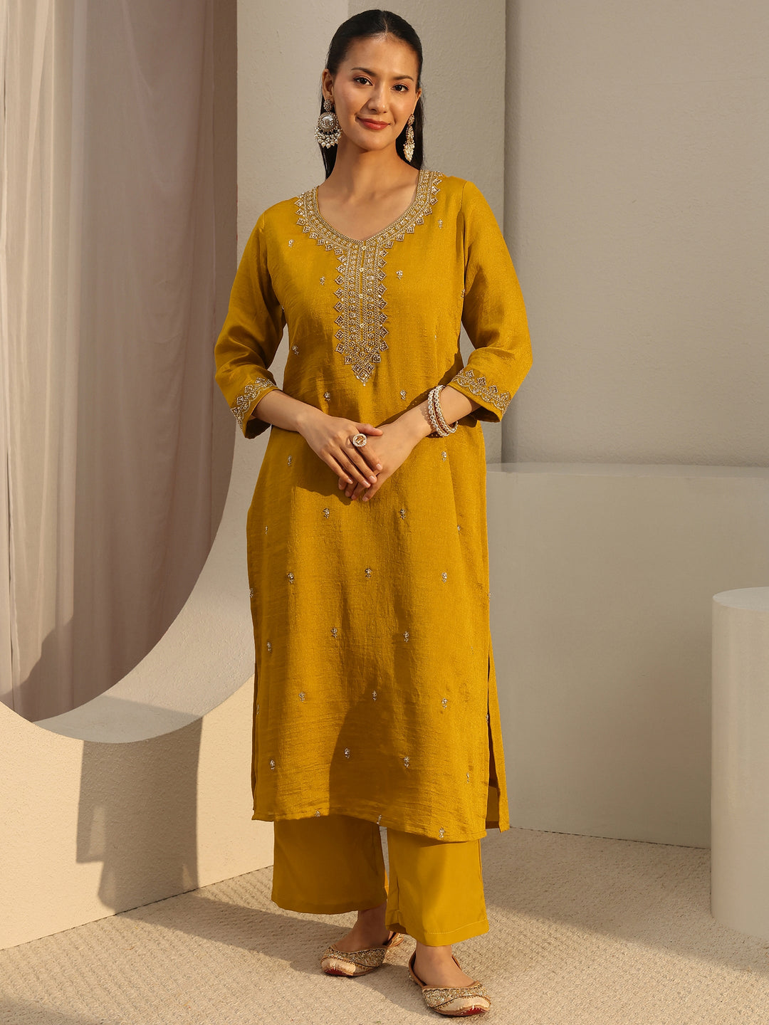  Mustard Ethnic Motif Beads Embellished Straight Kurta With Lining 