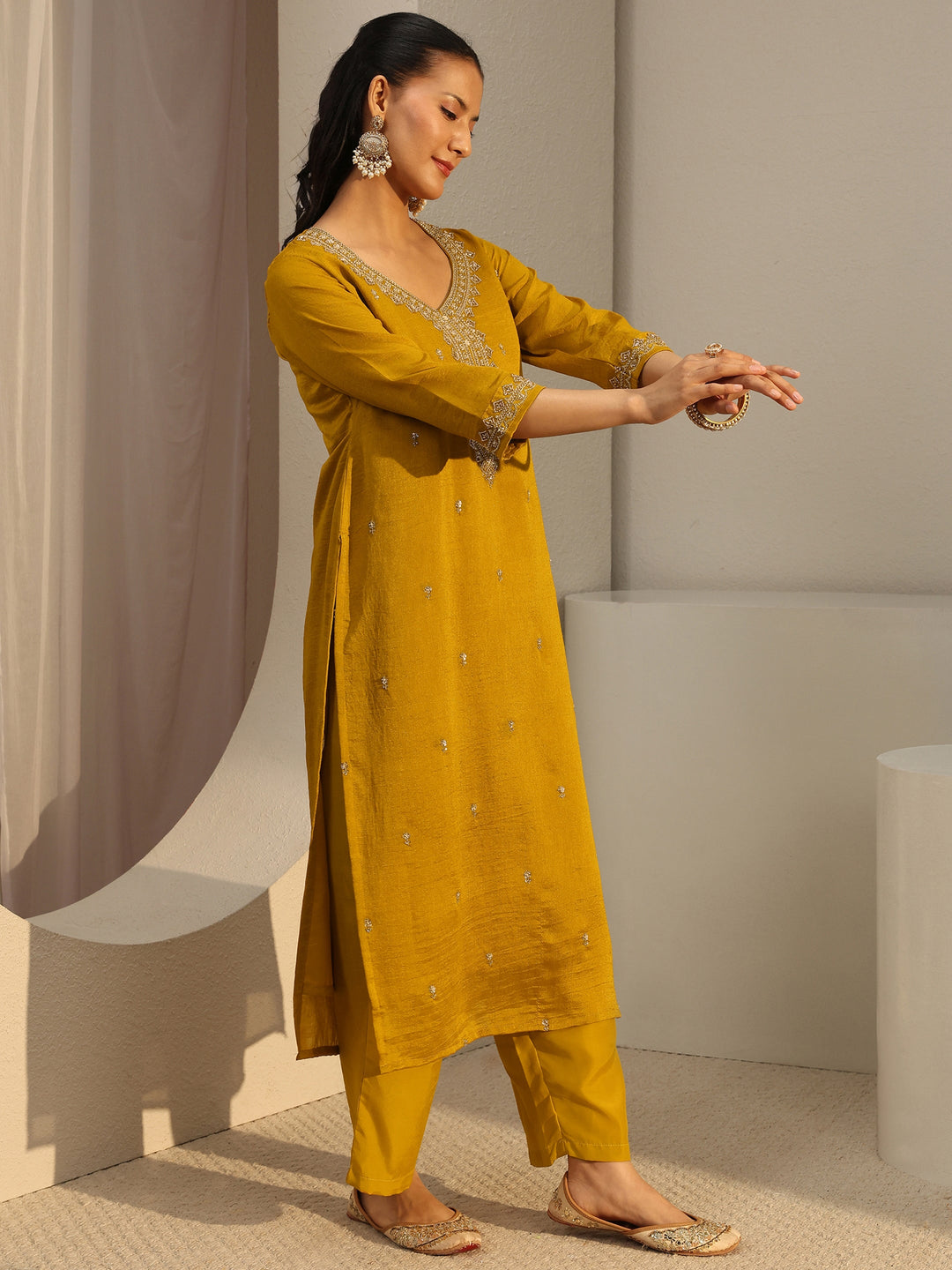  Mustard Ethnic Motif Beads Embellished Straight Kurta With Lining 