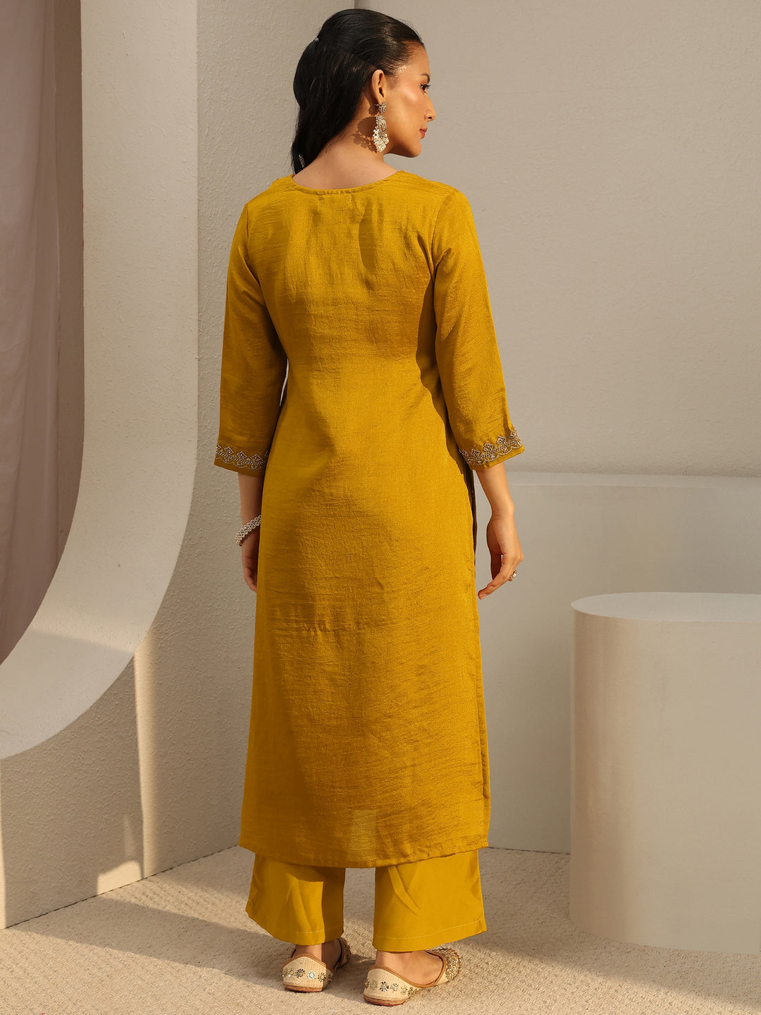  Mustard Ethnic Motif Beads Embellished Straight Kurta With Lining 