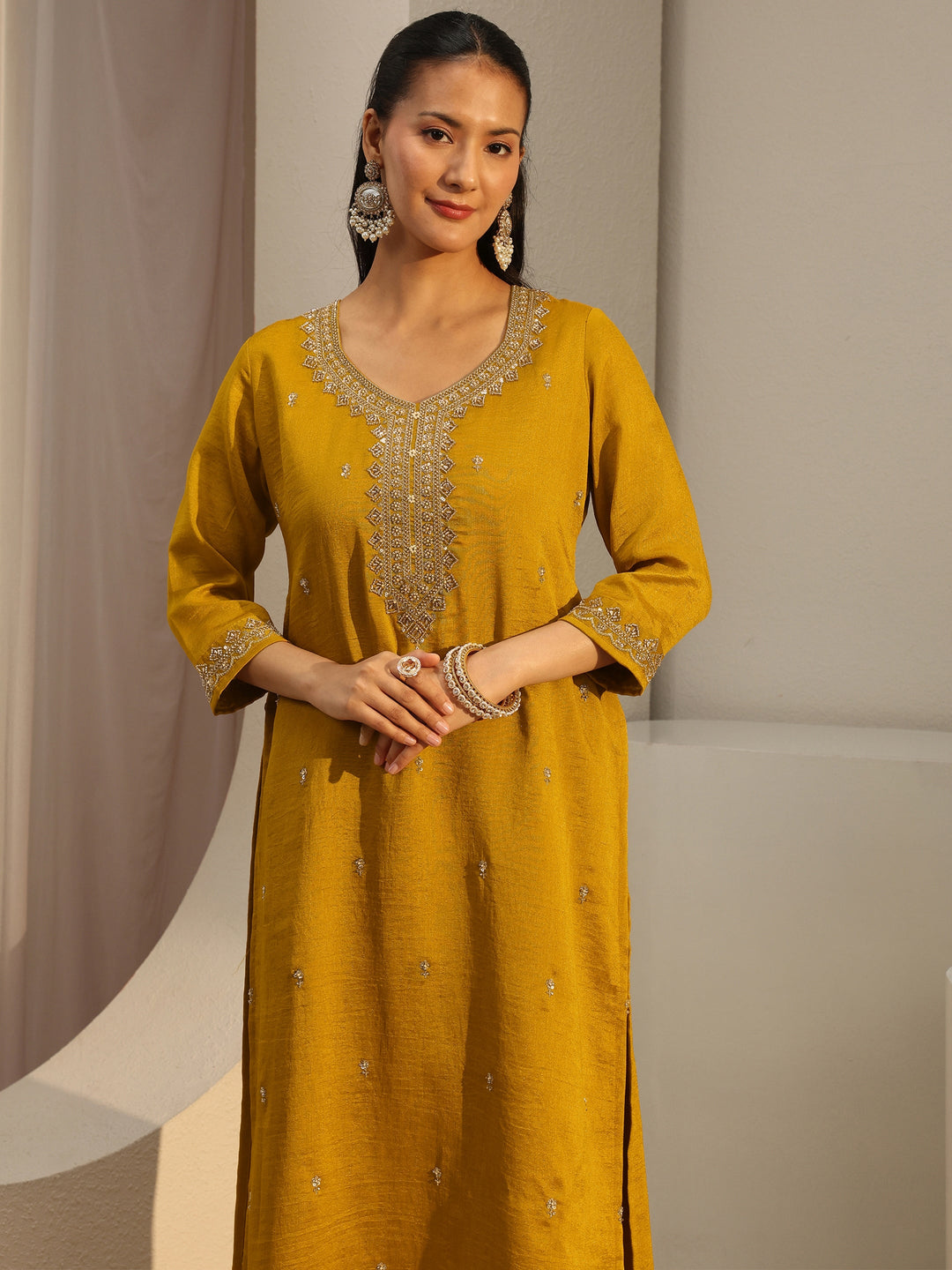  Mustard Ethnic Motif Beads Embellished Straight Kurta With Lining 