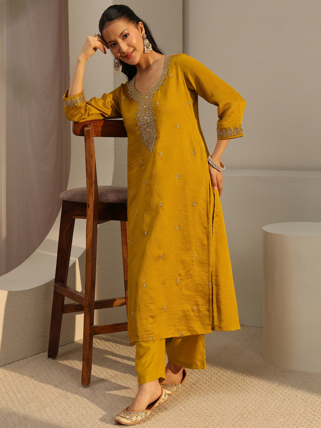  Mustard Ethnic Motif Beads Embellished Straight Kurta With Lining 
