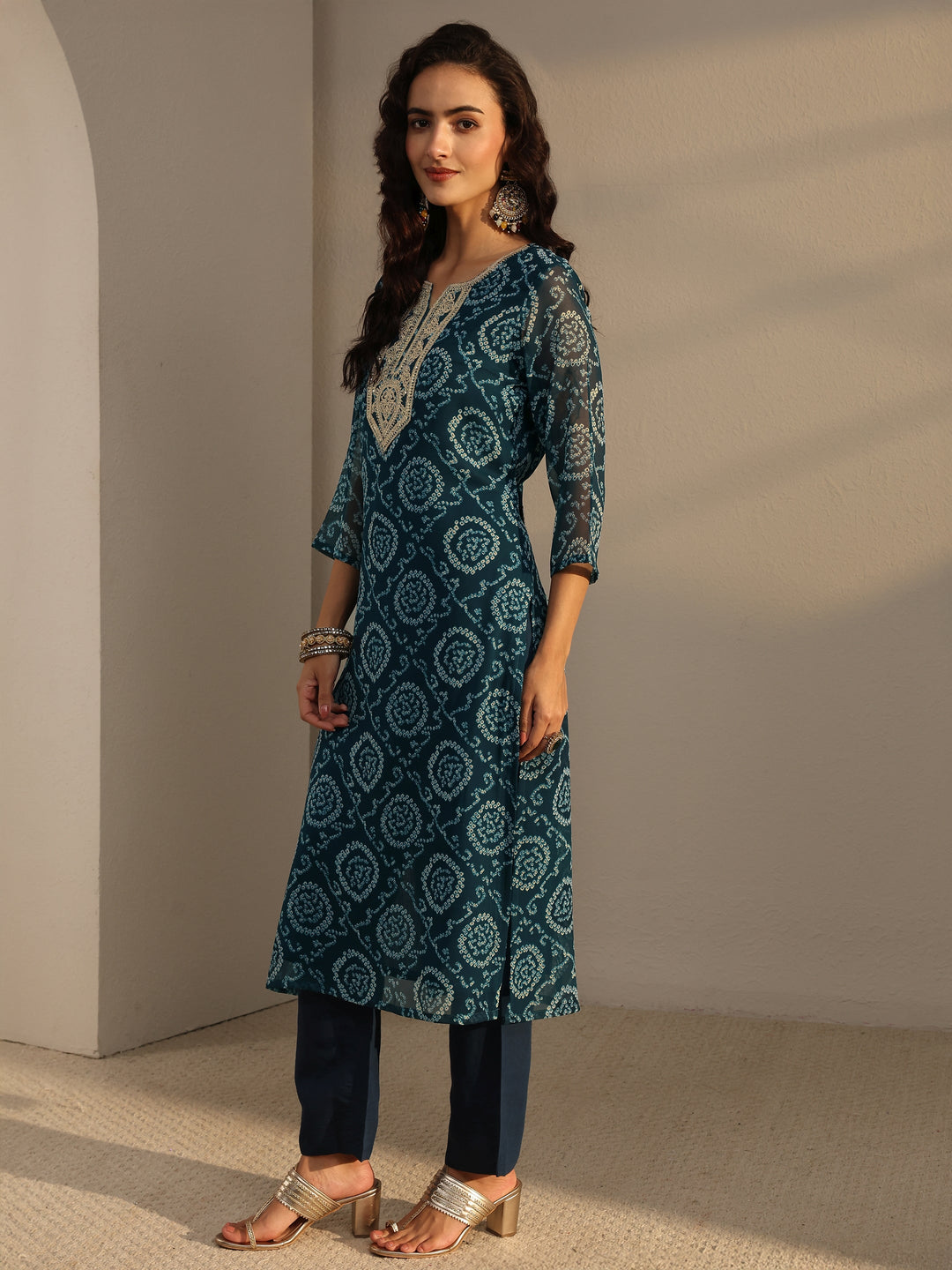  Blue Bandhani Printed Chiffon Straight Kurta 