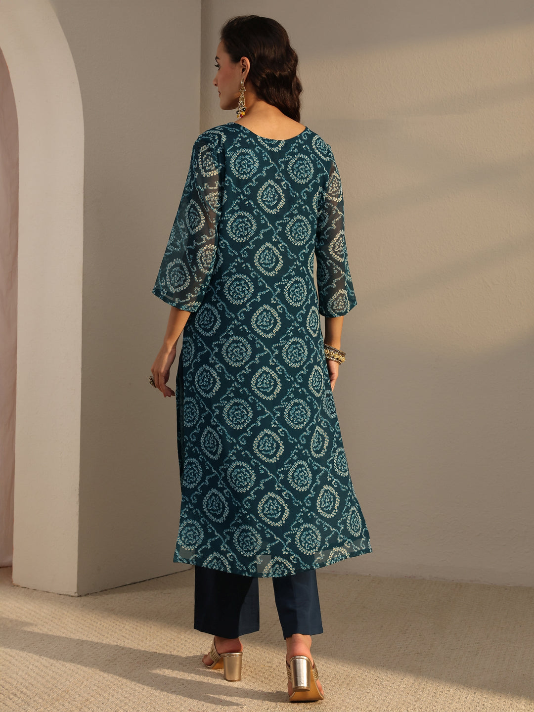  Blue Bandhani Printed Chiffon Straight Kurta 