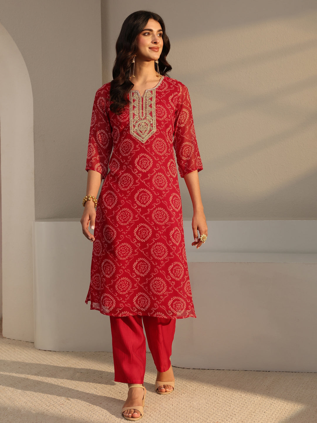 Red Bandhani Printed Chiffon Straight Kurta 