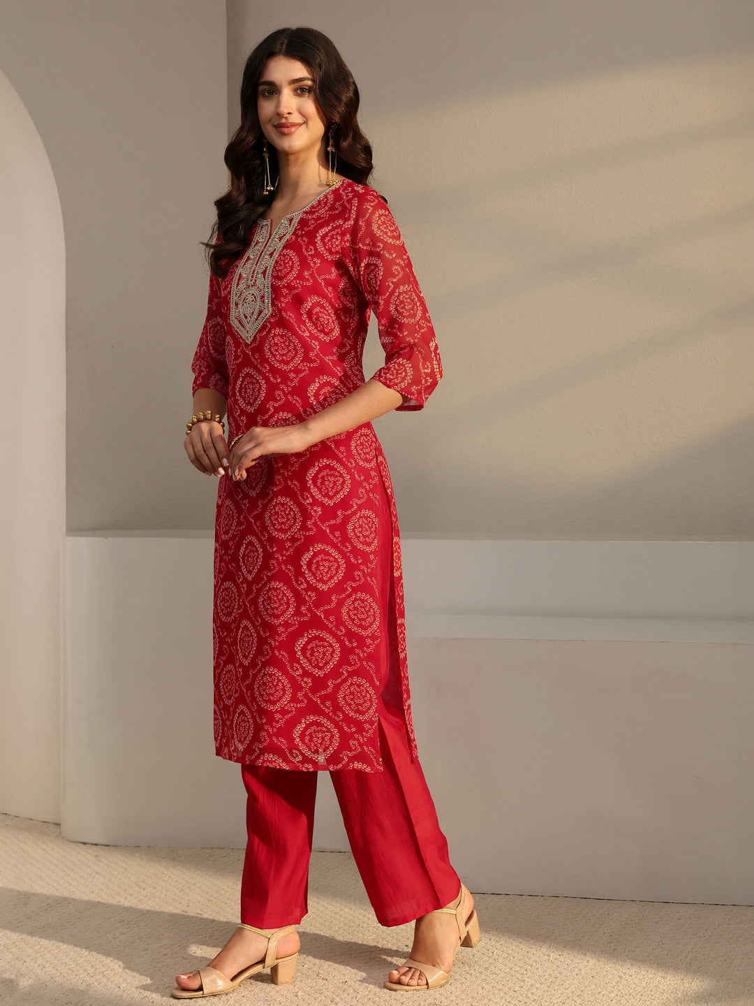  Red Bandhani Printed Chiffon Straight Kurta 