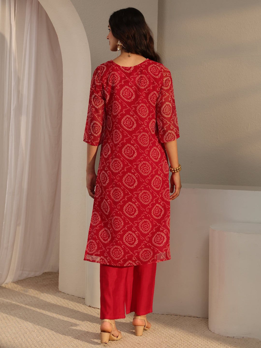 Red Bandhani Printed Chiffon Straight Kurta 