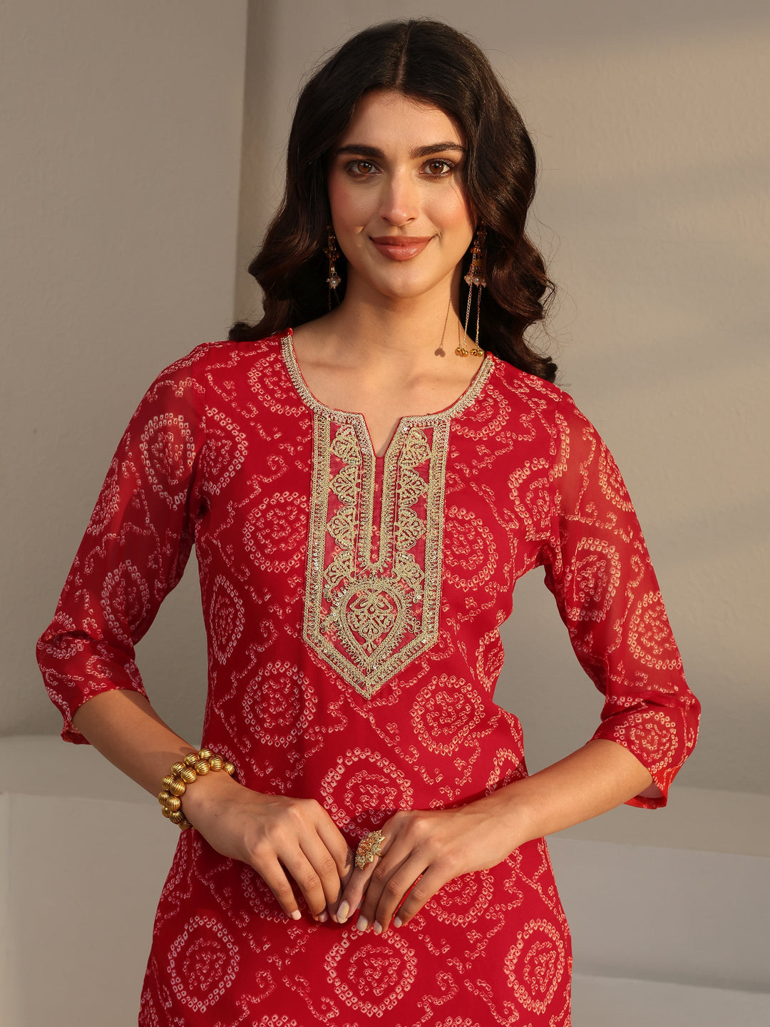  Red Bandhani Printed Chiffon Straight Kurta 