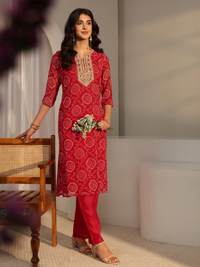 Libas Red Bandhani Printed Chiffon Straight Kurta