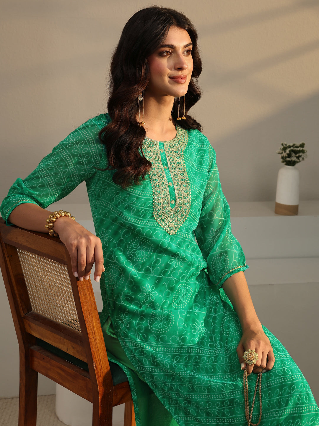  Green Bandhani Printed Chiffon Straight Kurta 