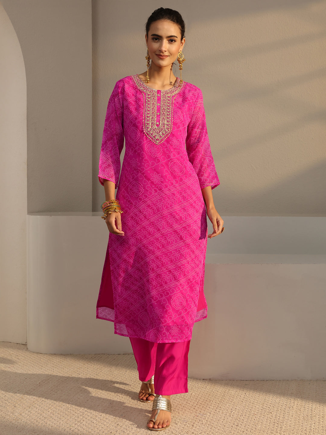  Fuchsia Pink Bandhani Printed Chiffon Straight Kurta 