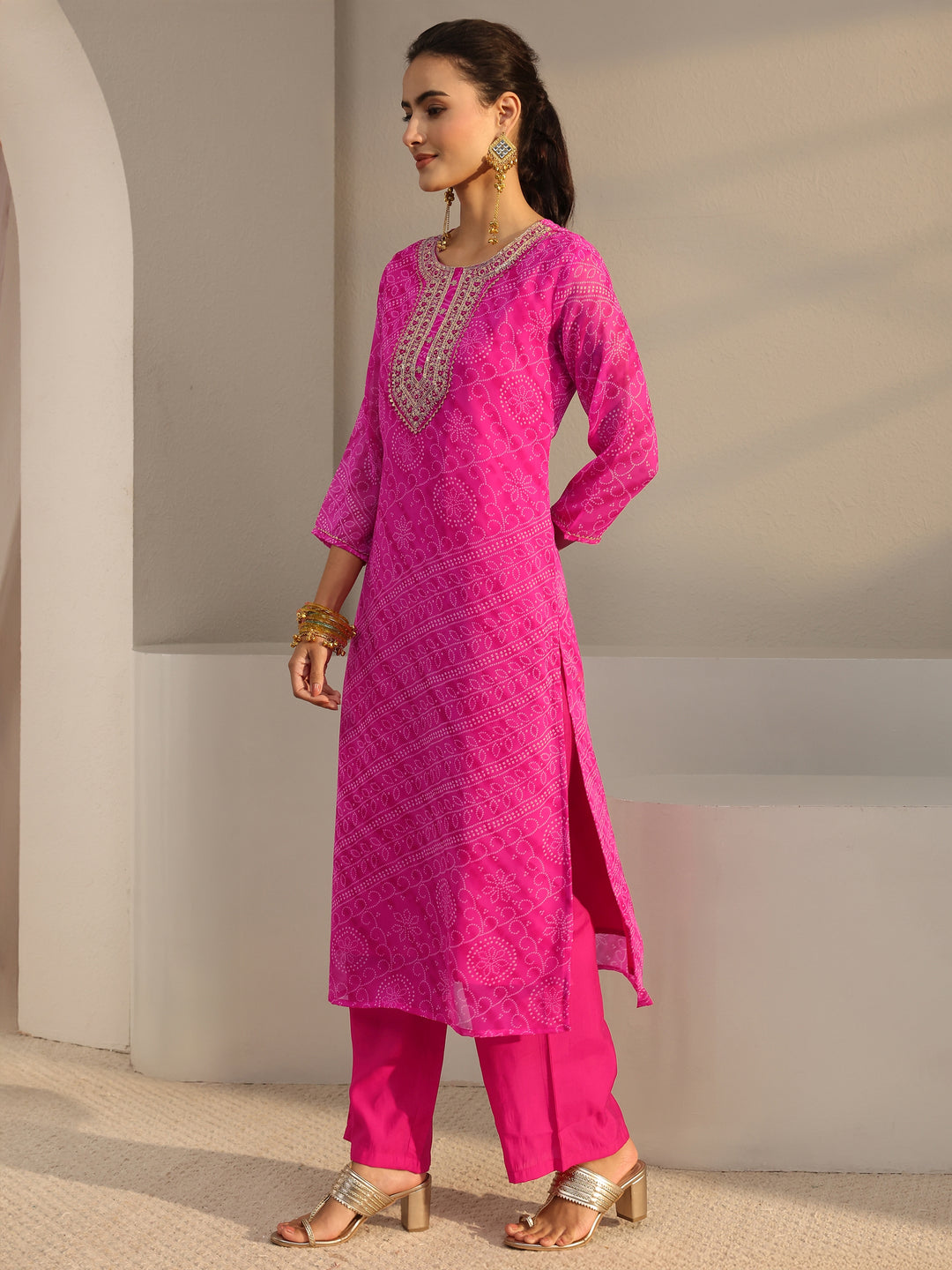  Fuchsia Pink Bandhani Printed Chiffon Straight Kurta 