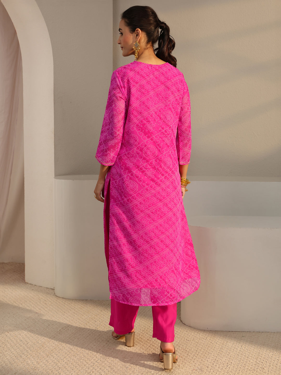  Fuchsia Pink Bandhani Printed Chiffon Straight Kurta 