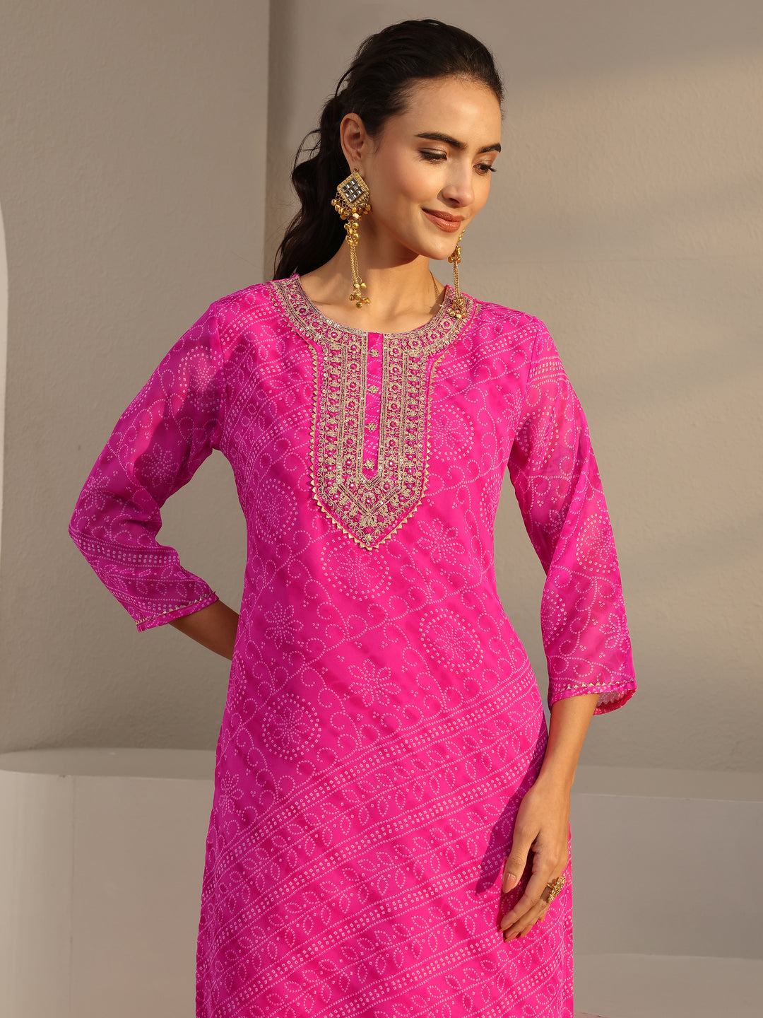  Fuchsia Pink Bandhani Printed Chiffon Straight Kurta 