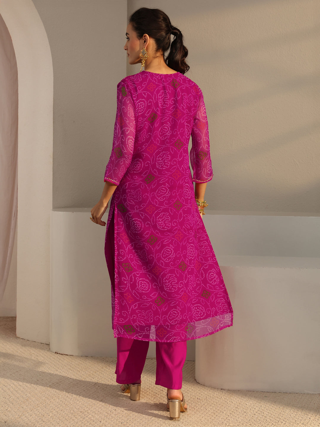  Pink Bandhani Printed Chiffon Straight Kurta 
